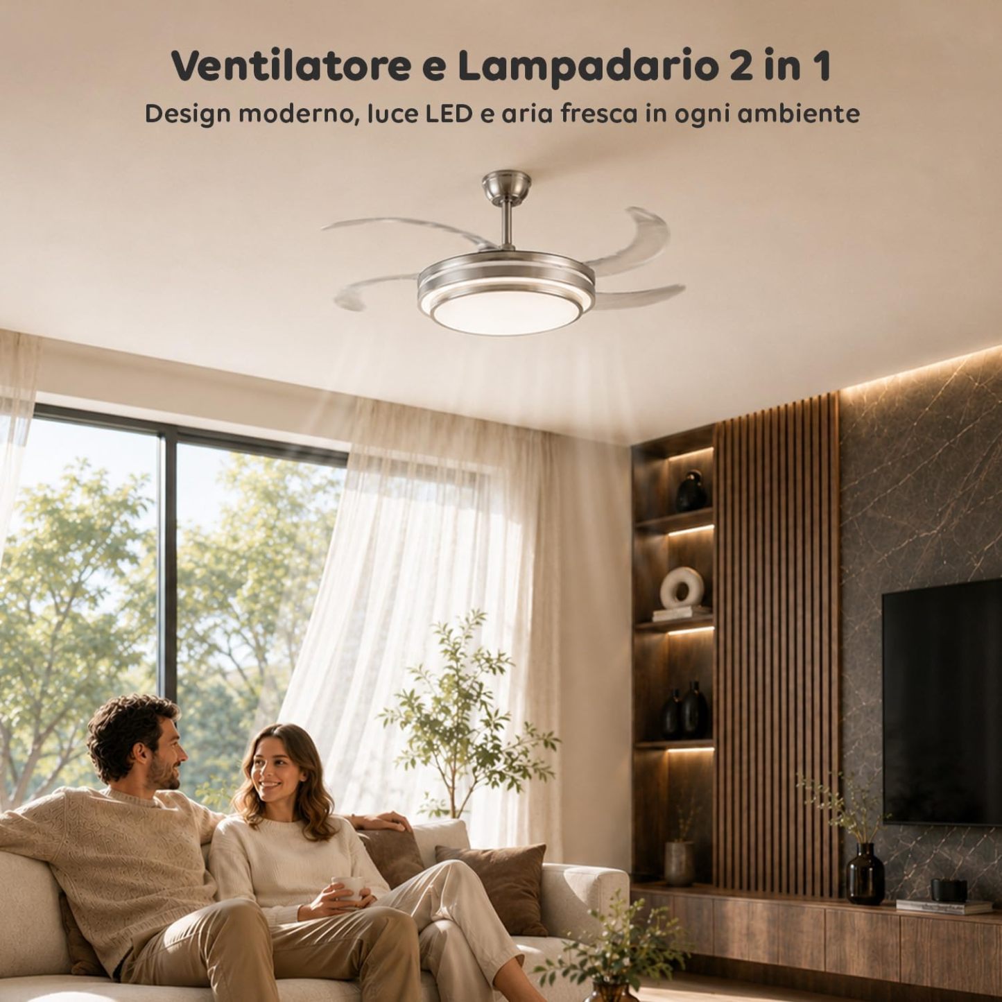Ventilatore da Soffitto LED con Pale Pieghevoli, 6 Velocità, Luce Dimmerabile 72W a 3 Tonalità, Silenzioso