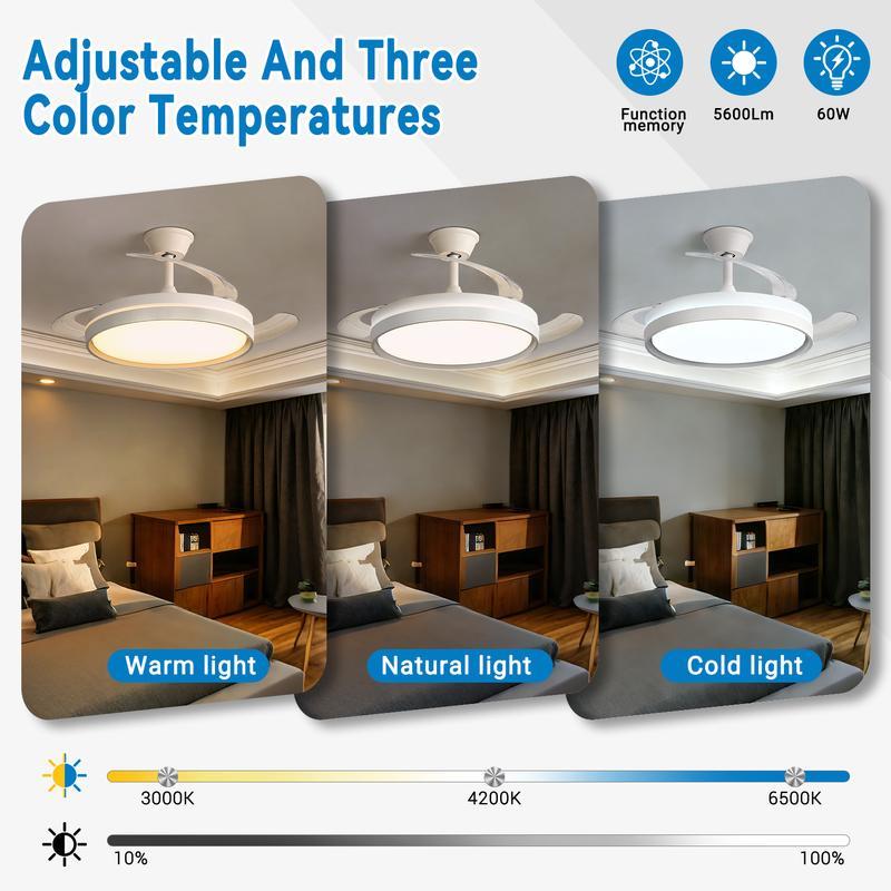 Ventilatore da Soffitto LED con Pale Pieghevoli, Telecomando, 6 Velocità, Silenzioso, Luce 3 Colori Estate/Inverno