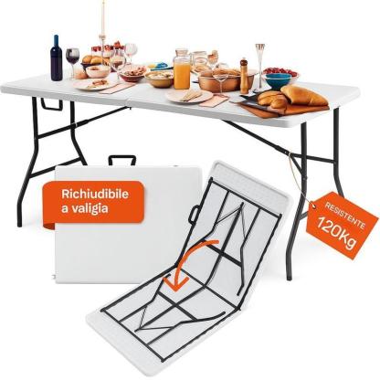 Tavolo Pieghevole 180×70×74 cm – Salvaspazio, Robusto, Colore Bianco