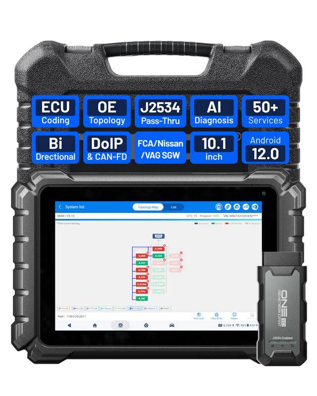 Herramienta de diagnóstico automotriz bidireccional de 10.1" (Escáner OBD2), con función Pass-Thru J2534, codificación de ECU, más de 50 servicios, escaneo completo de sistemas (TopFix AI) y mapeo de topología OE.