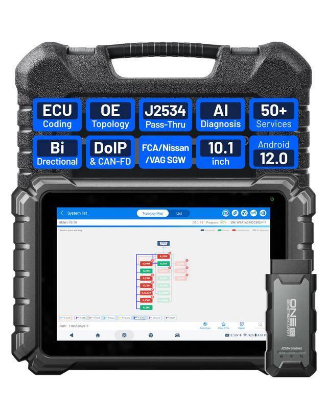 Herramienta de diagnóstico automotriz bidireccional de 10.1" (Escáner OBD2), con función Pass-Thru J2534, codificación de ECU, más de 50 servicios, escaneo completo de sistemas (TopFix AI) y mapeo de topología OE.
