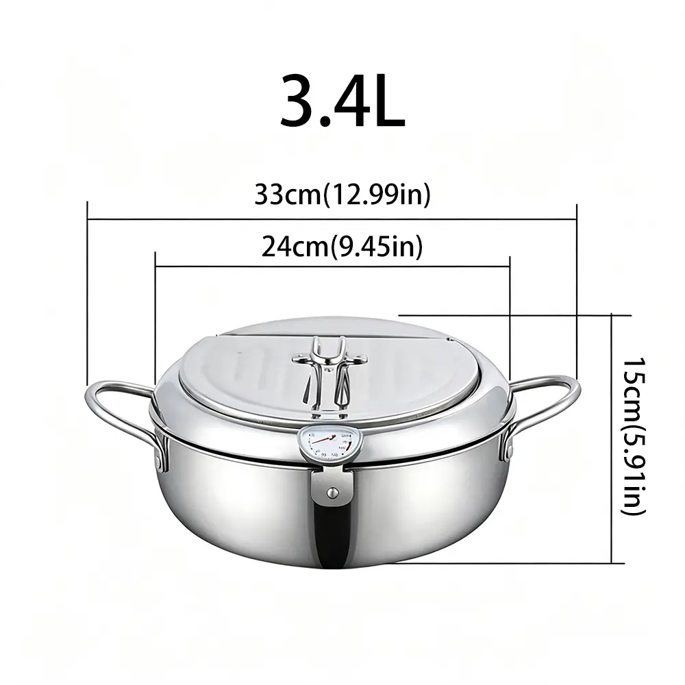 Freidora de acero inoxidable 304 con termómetro y boquilla de derivación, 3,4 L/2,2 L