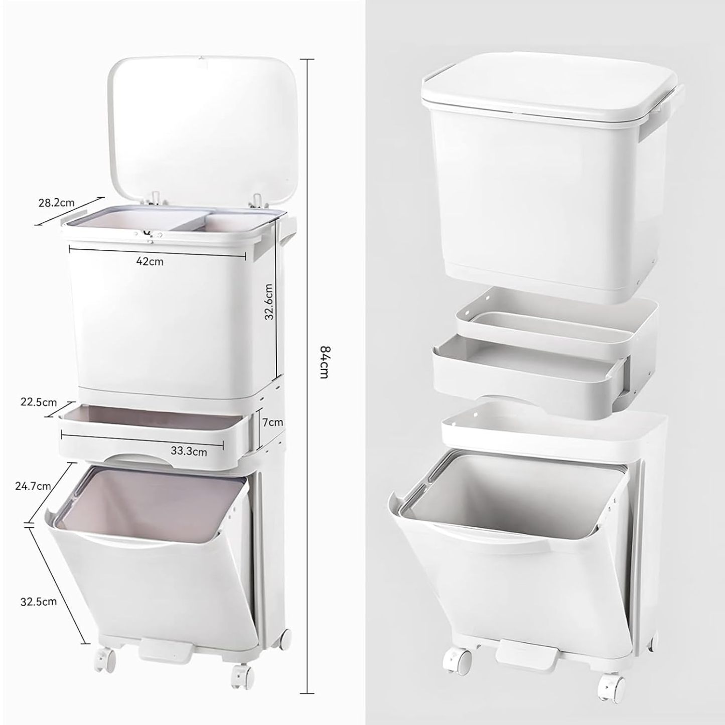 Cubo de Basura para Reciclaje 43,2 L | 3 Compartimentos, Pedal, Tapa y Ruedas para Cocina