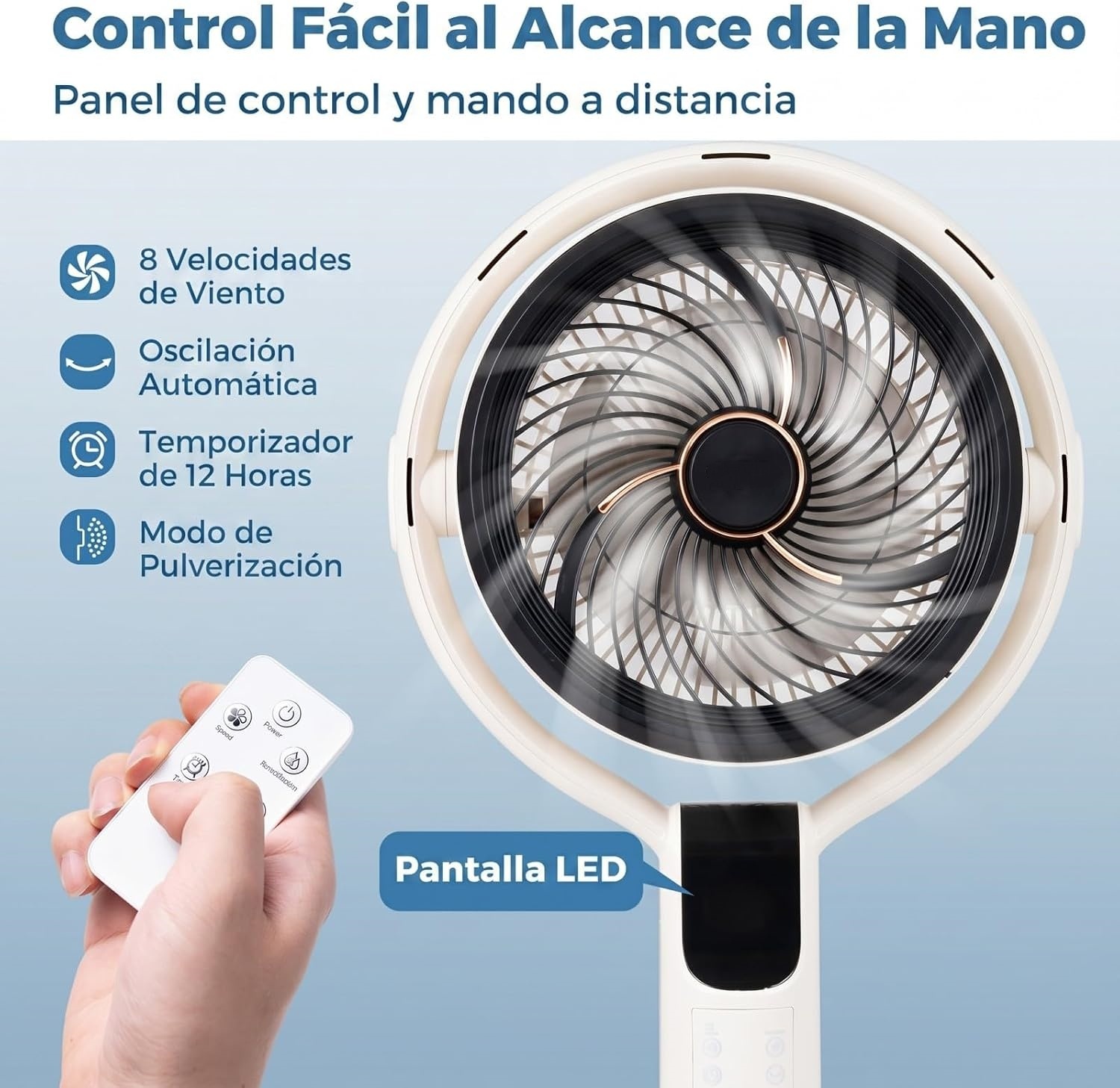 Ventilador de Pie con Nebulizador | Oscilación 90°, 8 Velocidades, Mando a Distancia y Temporizador