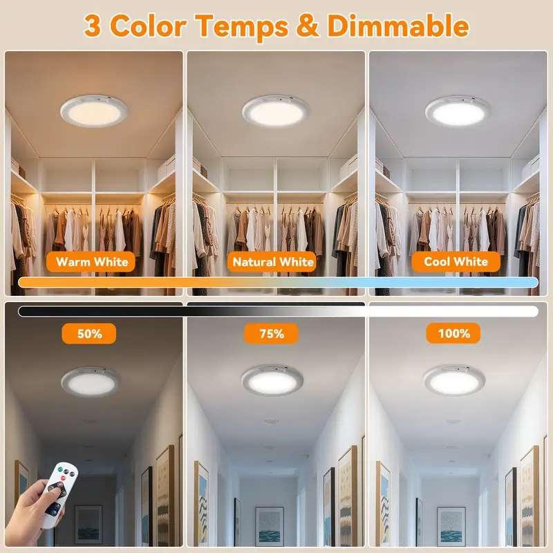 Lámparas de techo LED recargables GIVRYES, paquete de 2, 3 modos de color, sensor de movimiento con control remoto, iluminación inalámbrica magnética a batería, sensor automático y puerto de carga para armario, porche, luces LED