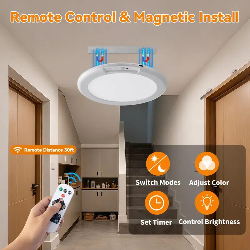 Lámparas de techo LED recargables GIVRYES, paquete de 2, 3 modos de color, sensor de movimiento con control remoto, iluminación inalámbrica magnética a batería, sensor automático y puerto de carga para armario, porche, luces LED