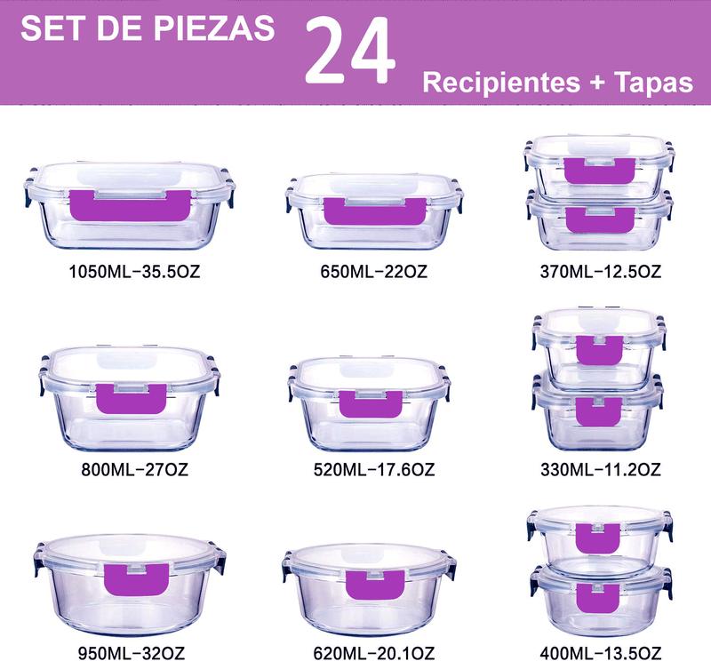 Set de 24 Recipientes de Cristal para Alimentos | 12 Recipientes + 12 Tapas, Aptos para Lavavajillas