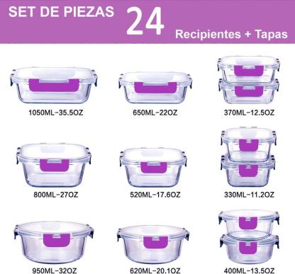 Set de 24 Recipientes de Cristal para Alimentos | 12 Recipientes + 12 Tapas, Aptos para Lavavajillas