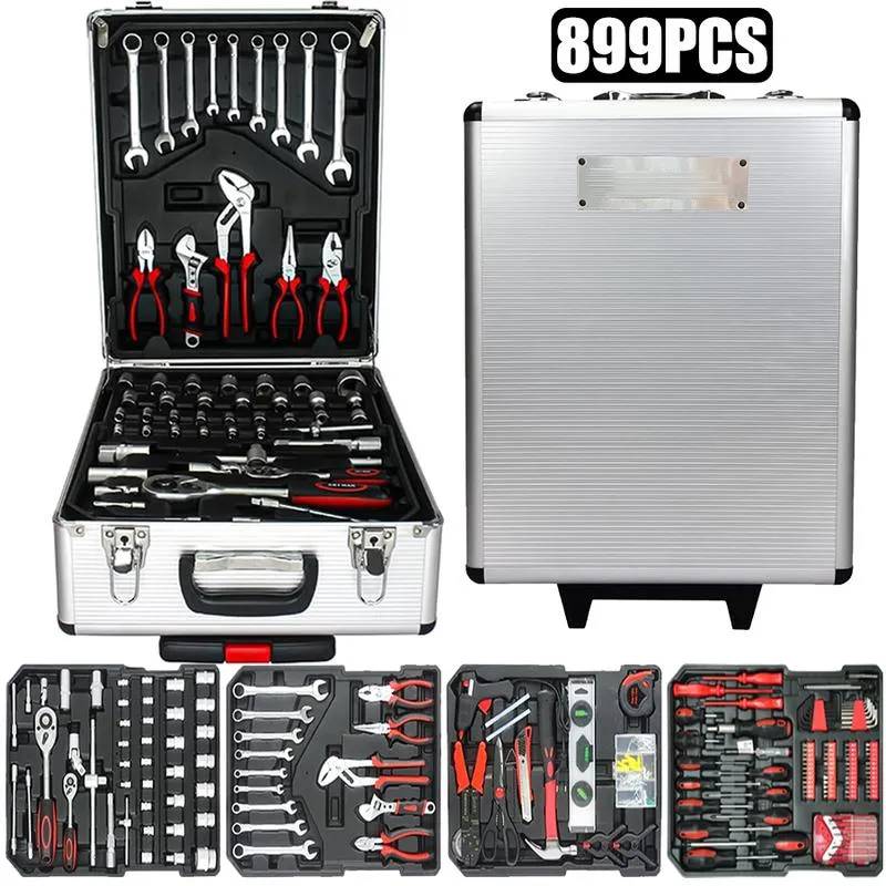 Juego de herramientas de 899 piezas, caja de herramientas manual de metal de gran capacidad, caja de herramientas con ruedas, caja de herramientas móvil de aluminio con 4 cajones, juego de herramientas para mecánica y reparación del hogar, regalo para el