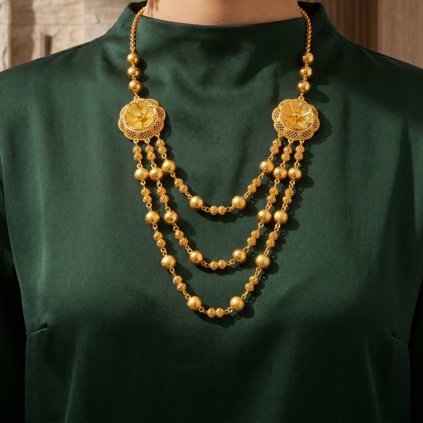 Gold-Tone Beaded Blossom Tassel Necklace & Earring Set