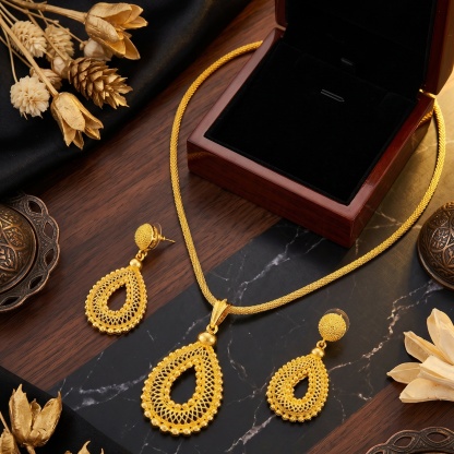 Gold-Tone Pierced Teardrop Necklace & Earring Set