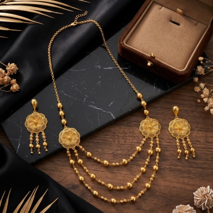 Gold-Tone Beaded Blossom Tassel Necklace & Earring Set
