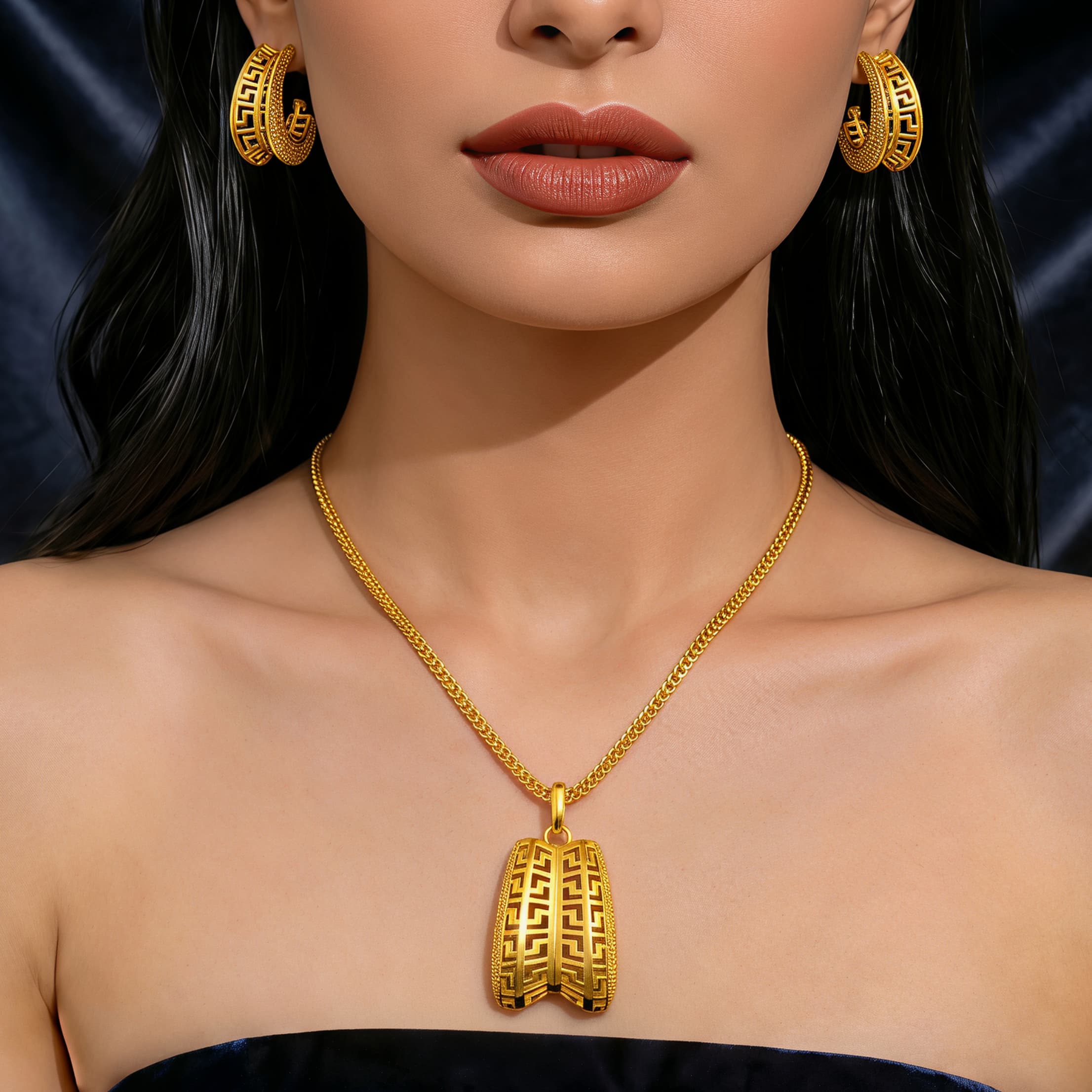 Gold-Tone Embossed Double-Petal Necklace & Earring Set