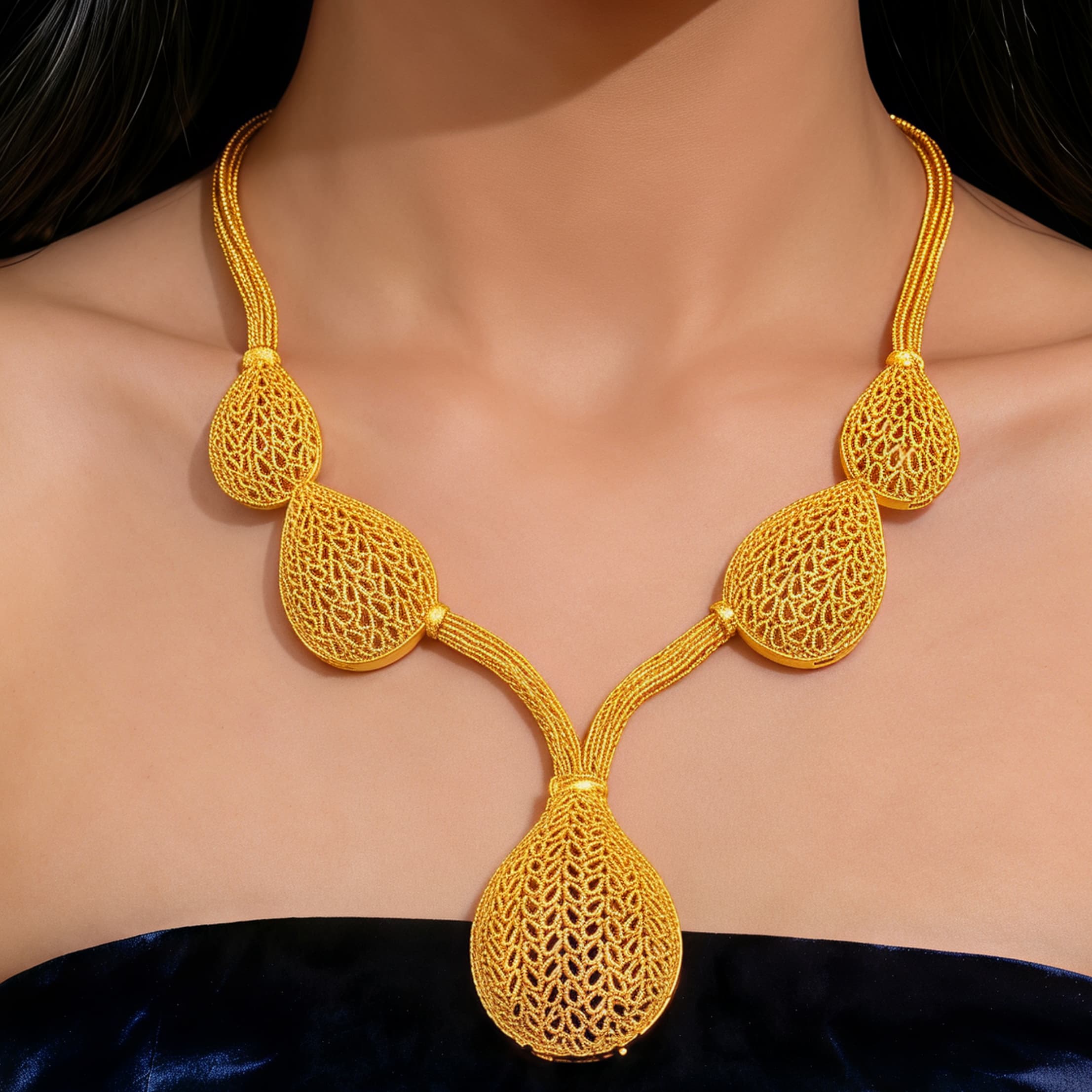 Gold-Tone Openwork Mesh Pendant Necklace & Earring Set