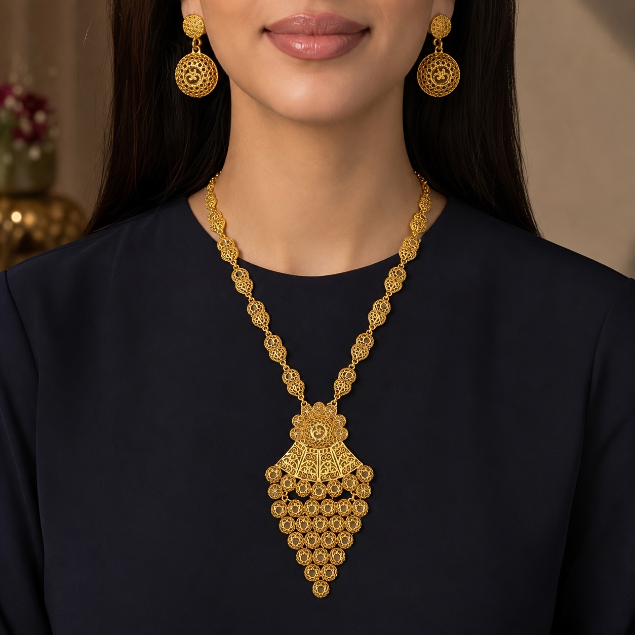 Gold-tone filigree disc & tassel necklace & earring set, front view