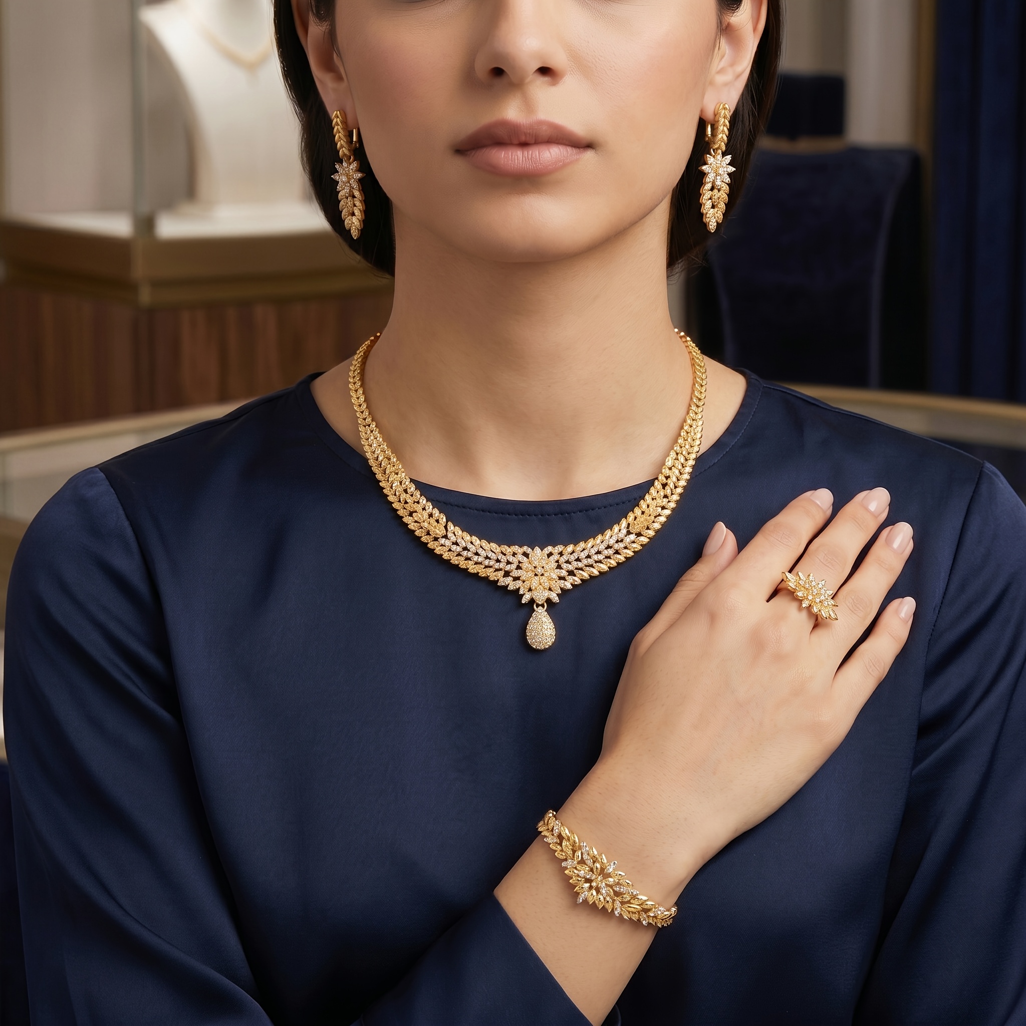 Gold-tone floral teardrop jewelry set, front view