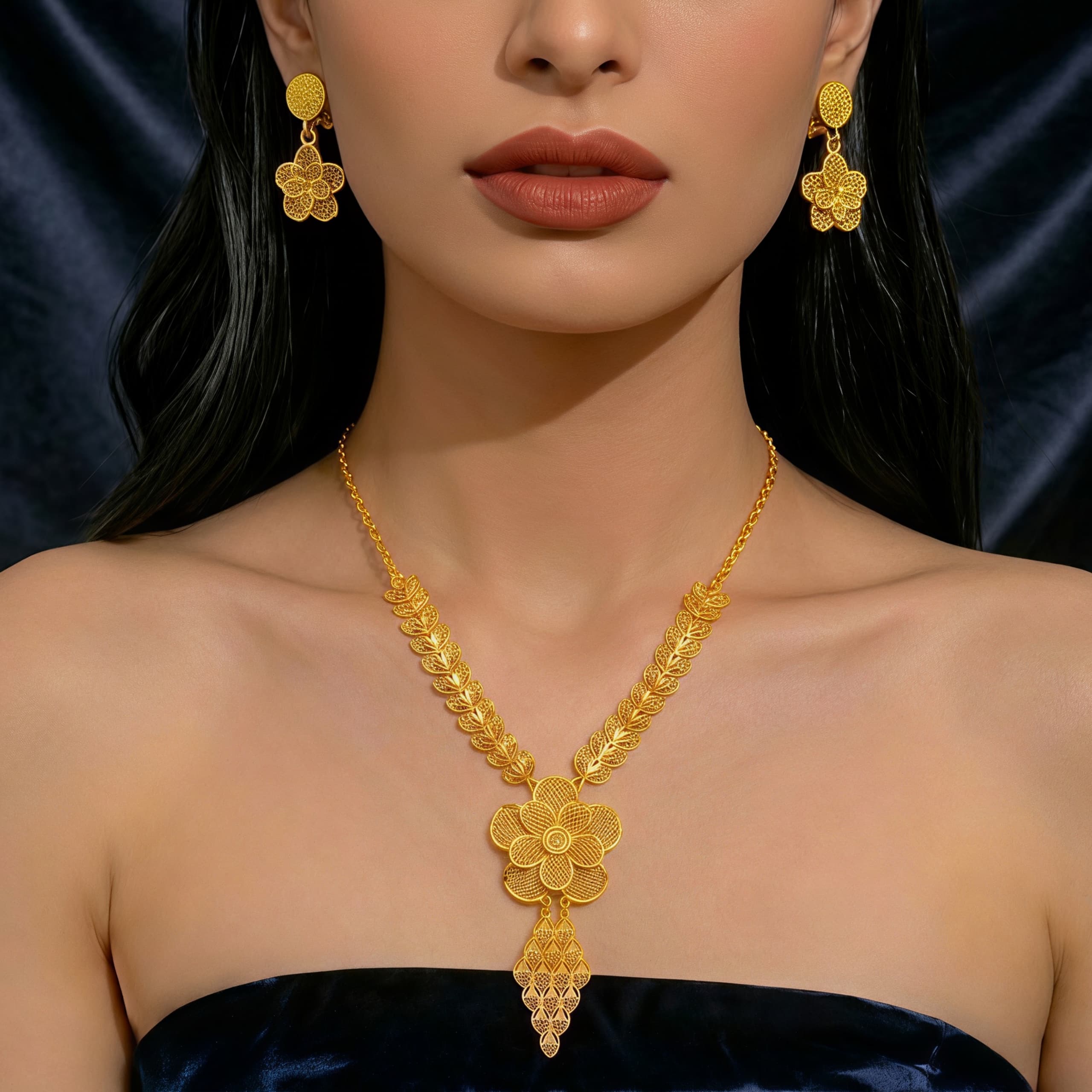 Gold-Tone Openwork Floral Necklace & Earring Set