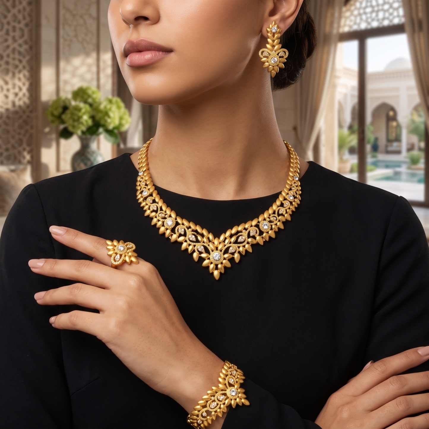 Gold-Tone Crystal Petal Collar Jewelry Set, 4 Pcs