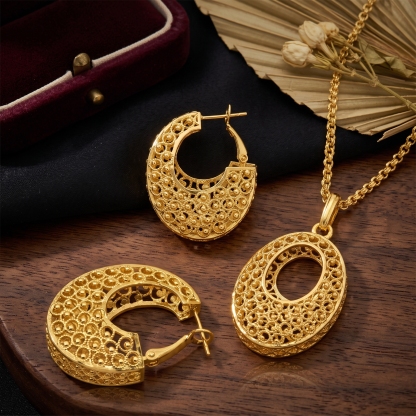 Gold-Tone Beaded Oval Halo Necklace & Earring Set