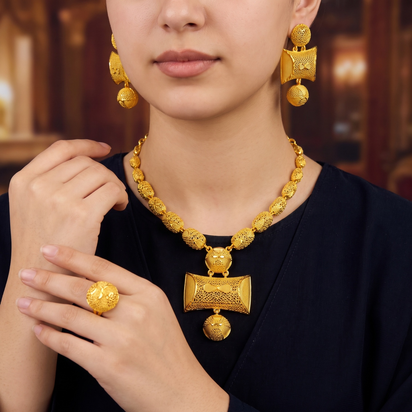 Gold-Tone Cushion Bow Pendant Jewelry Set, 3 Pcs