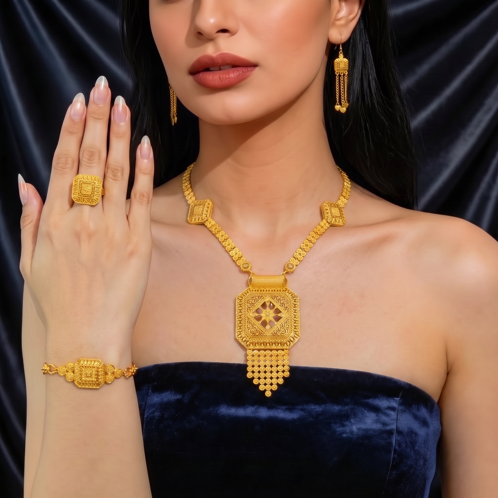 Gold-Tone Octagon Panel Fringe Jewelry Set, 4 Pcs