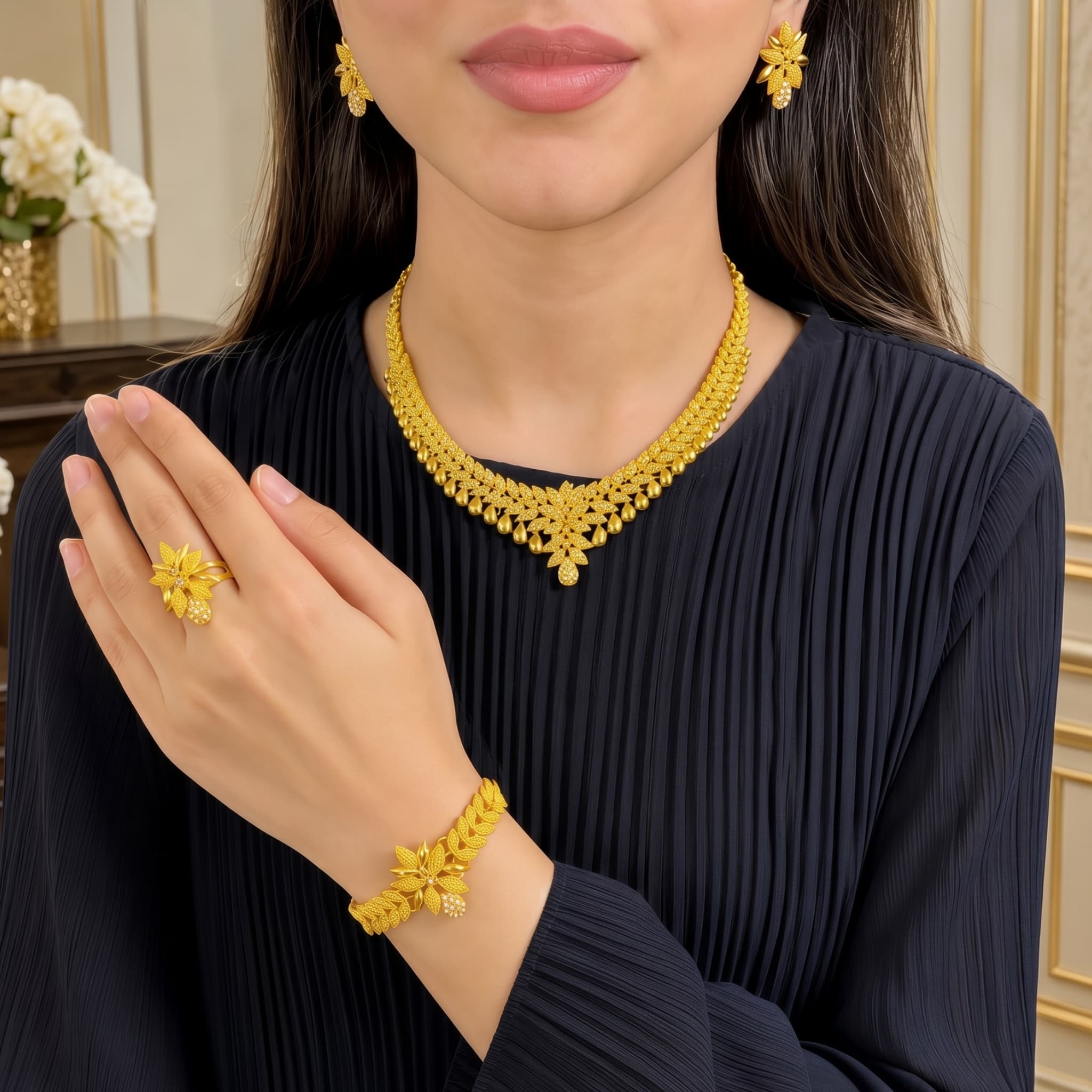 Gold-Tone Wheat Leaf Crystal Jewelry Set, 4 Pcs