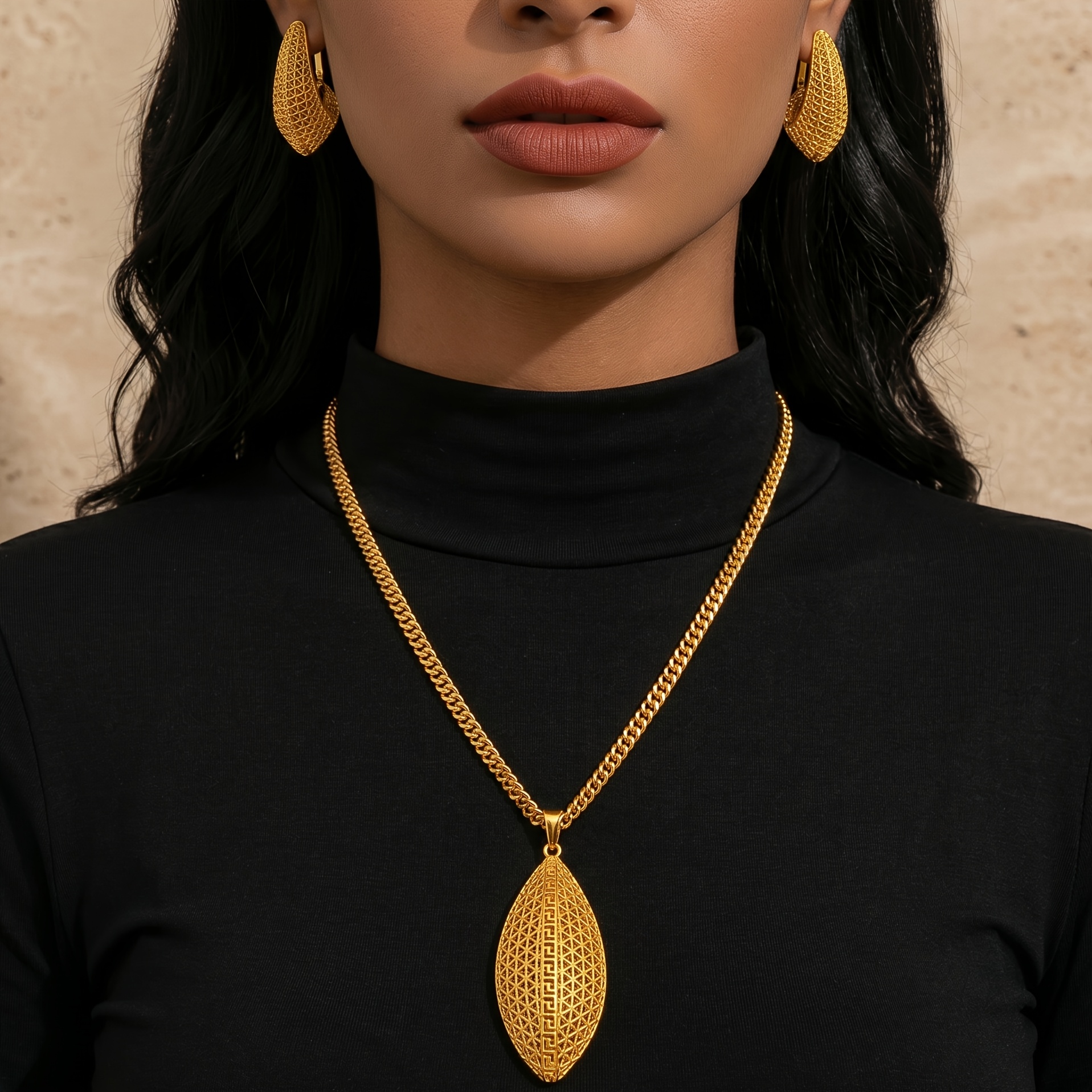 Gold-tone marquise openwork necklace & earring set, front view