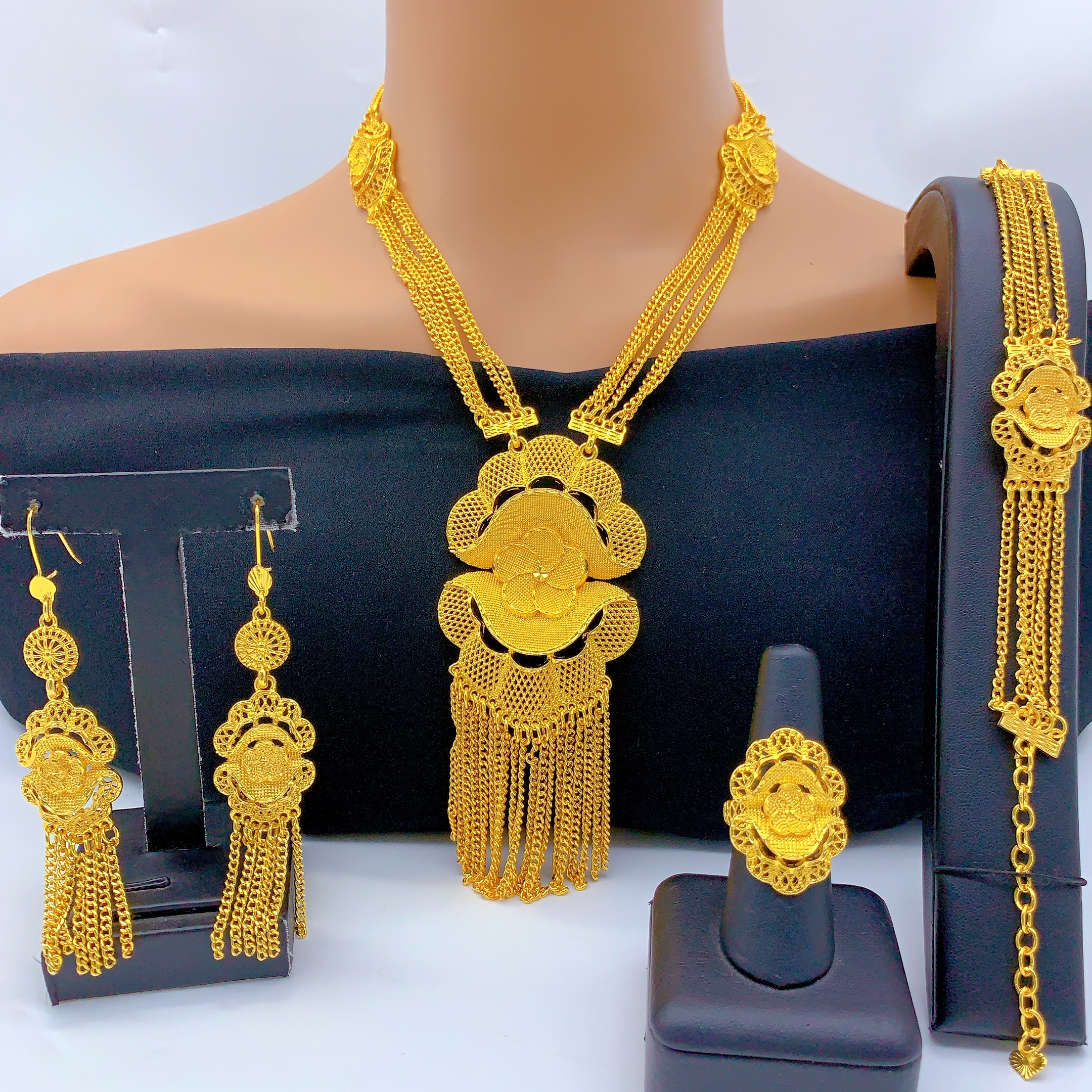 Gold-Tone Blossom Chain Tassel Jewelry Set, 4 Pcs