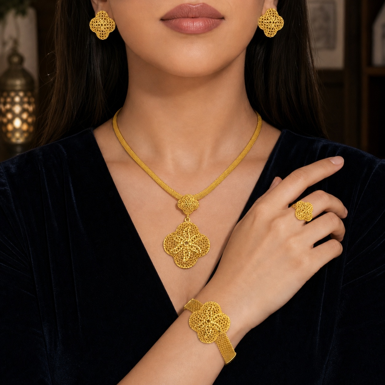 Gold-Tone Openwork Bloom Jewelry Set, 4 Pcs