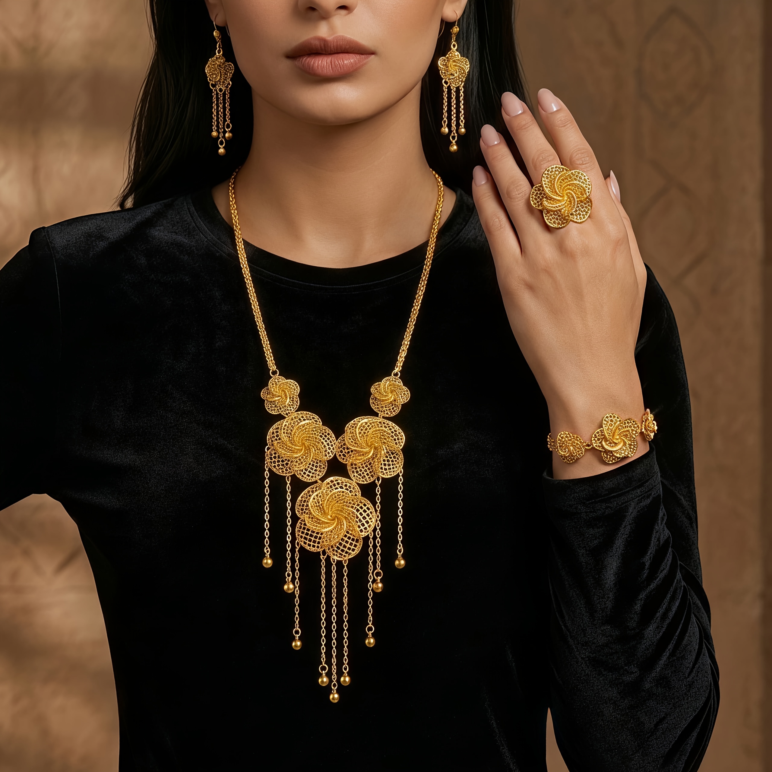 Gold-tone rosette tassel jewelry set, front view