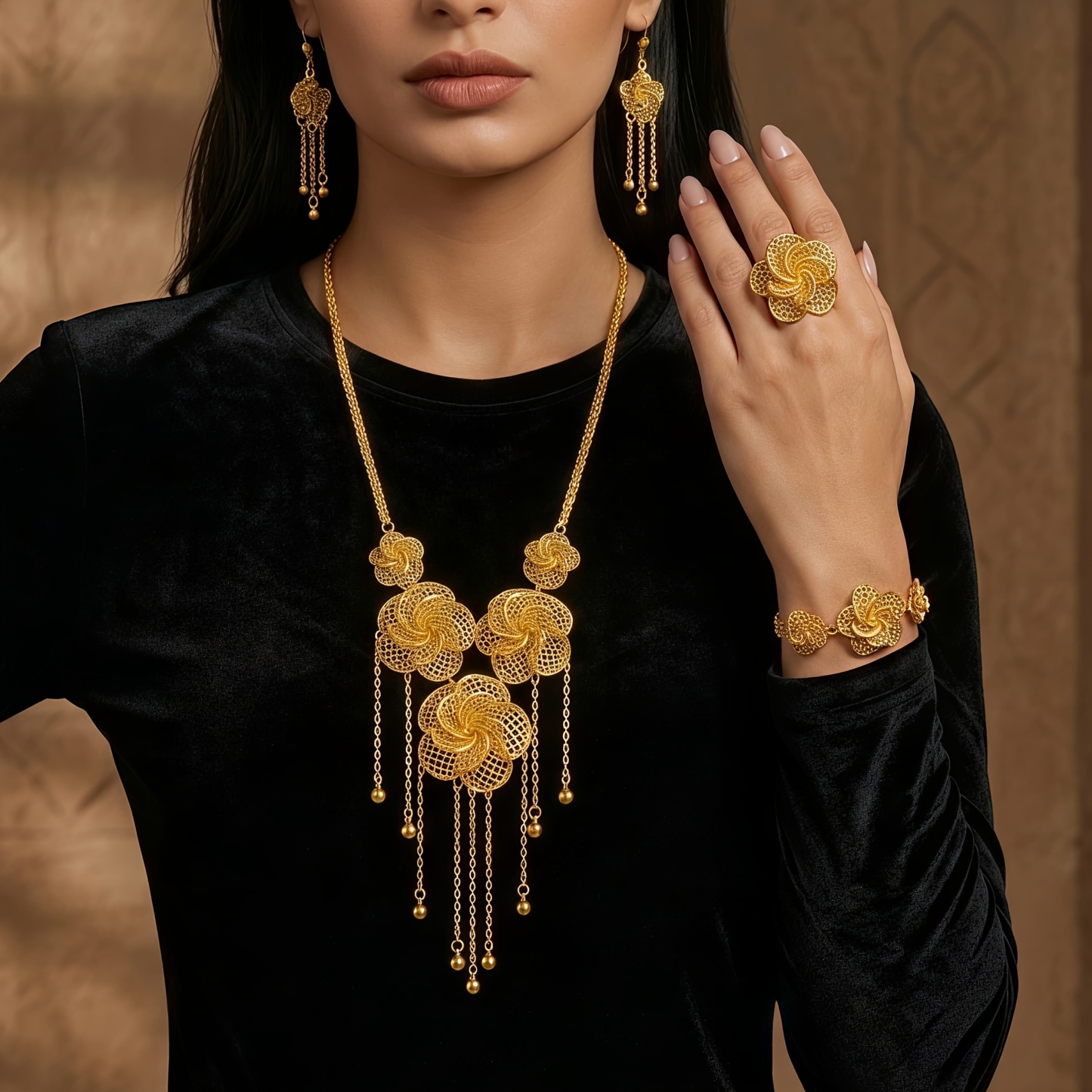 Gold-tone rosette tassel jewelry set, front view