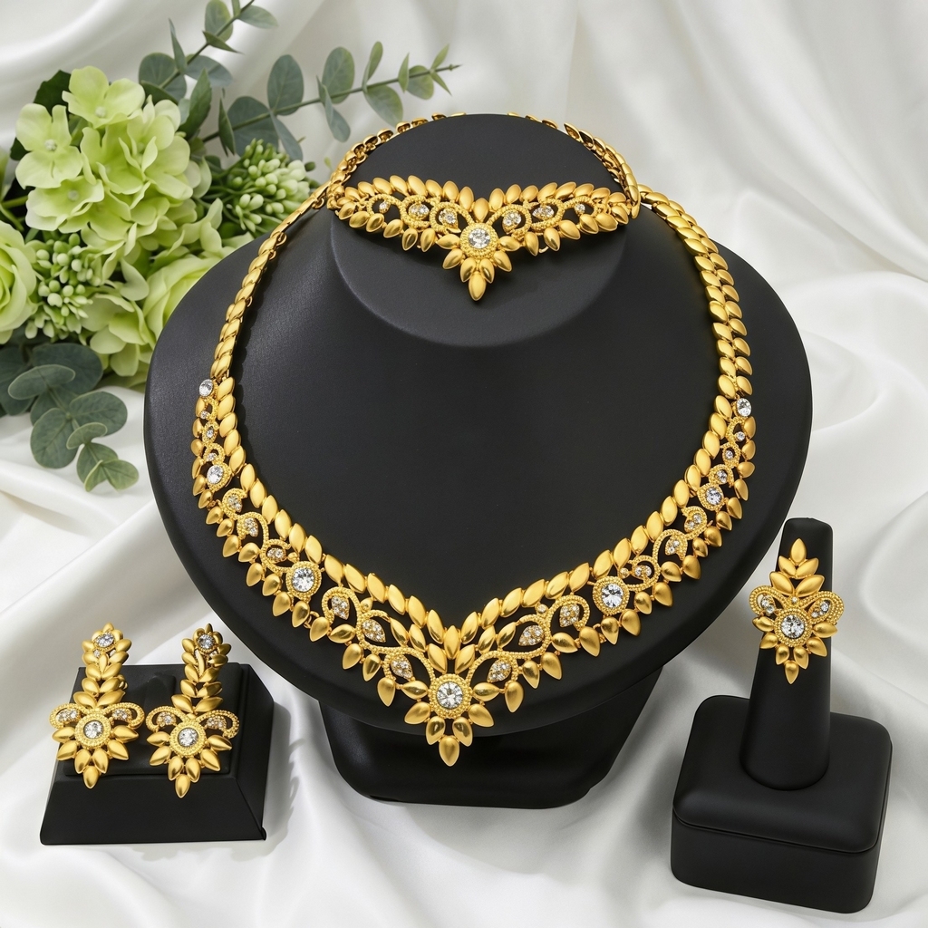 Gold-Tone Crystal Petal Collar Jewelry Set, 4 Pcs