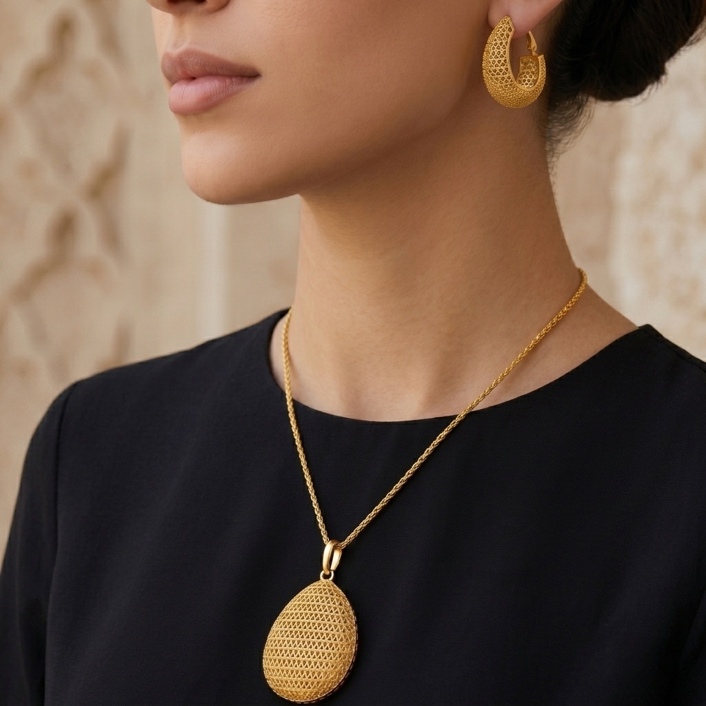 Gold-Tone Lattice Dome Drop Necklace & Earring Set