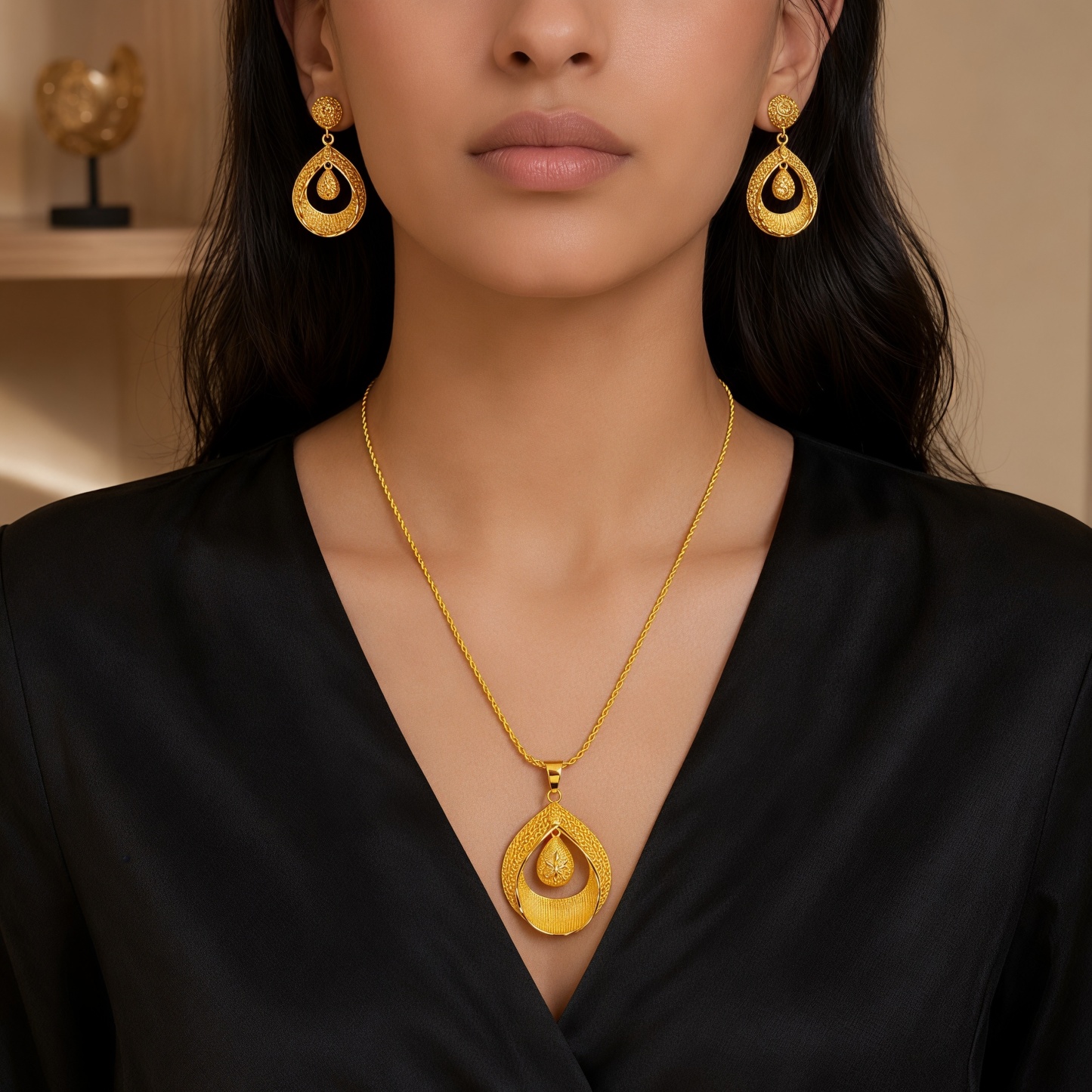 Gold-Tone Nested Teardrop Necklace & Earring Set
