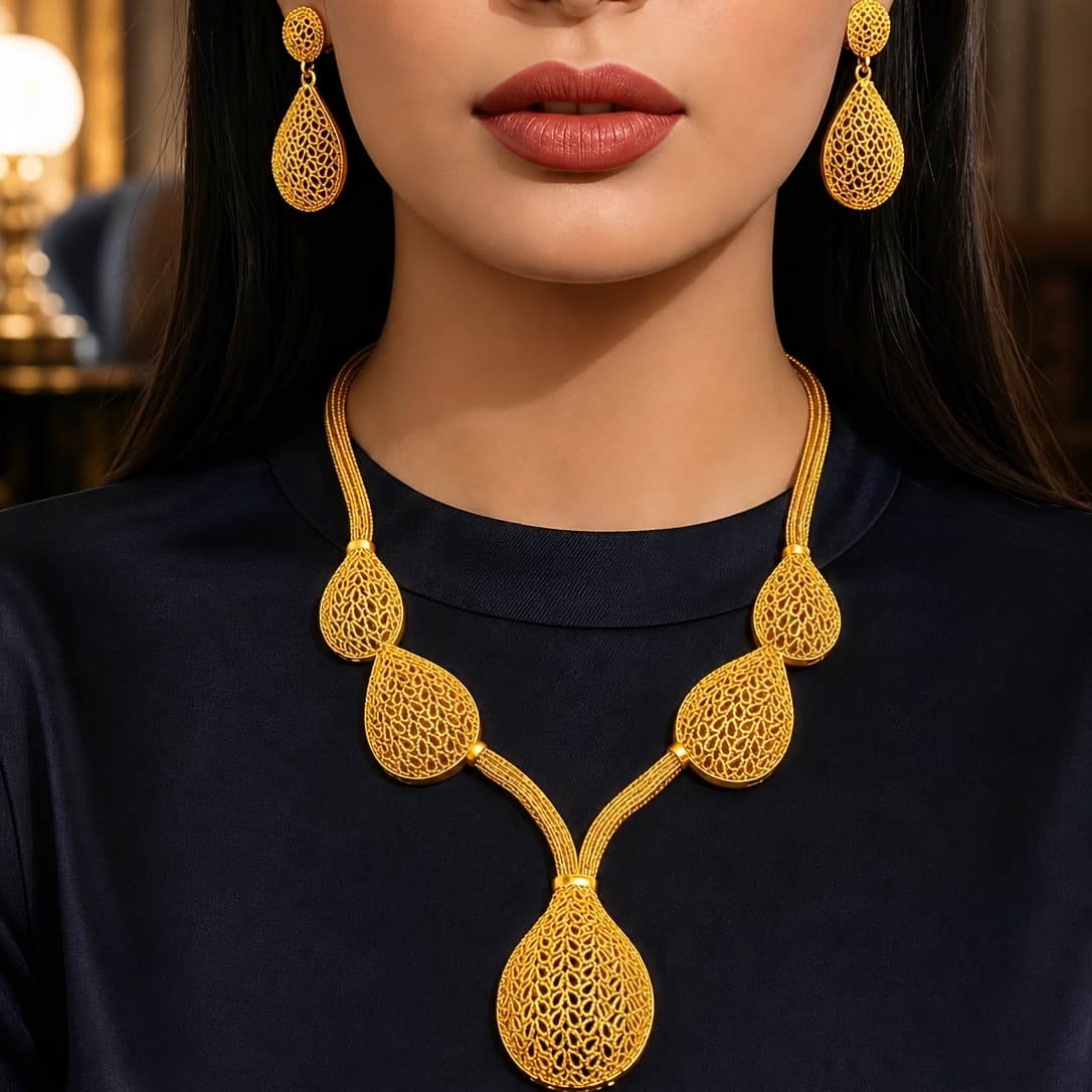 Gold-tone openwork mesh pendant necklace & earring set, front view