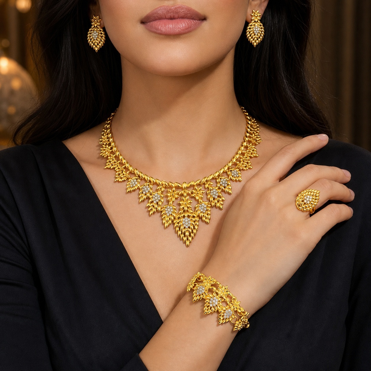 Gold-Tone Ornate Flower Jewelry Set, 4 Pcs