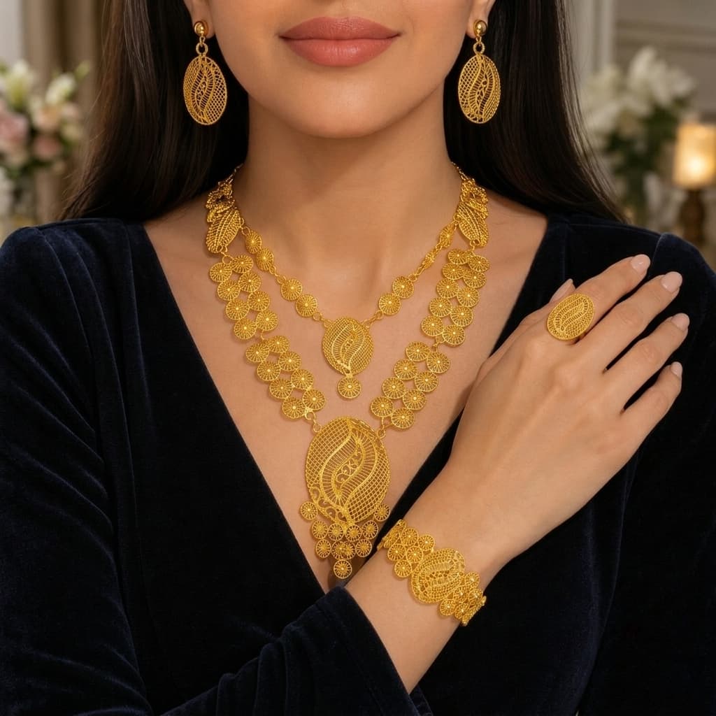 Gold-Tone Long Openwork Bridal Jewelry Set, 4 Pcs