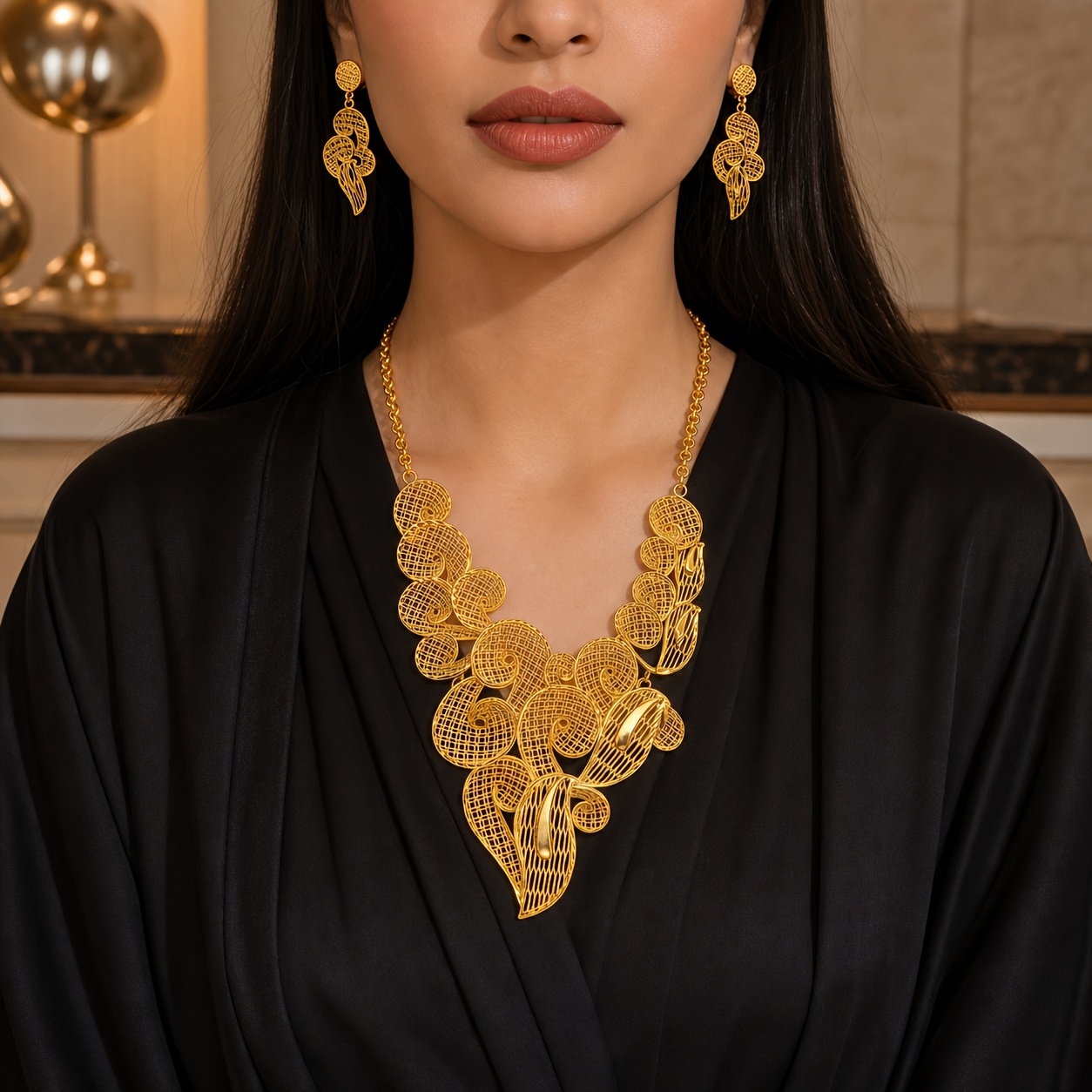 Gold-tone scrolled leaf & blossom necklace & earring set, front view