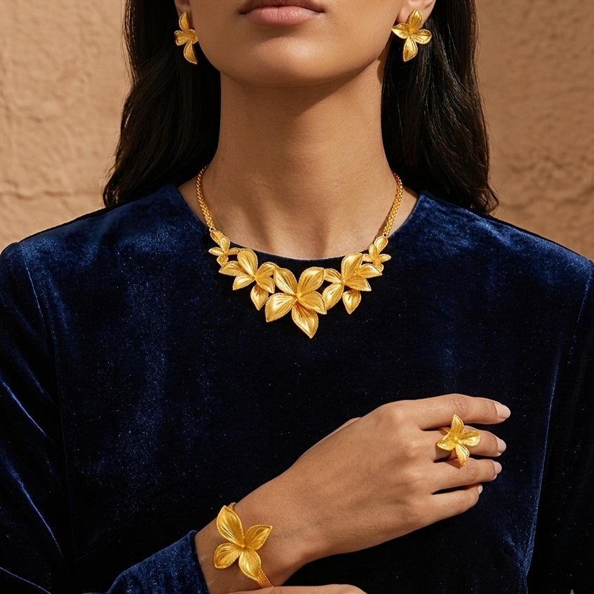 Gold-tone full bloom jewelry set, front view