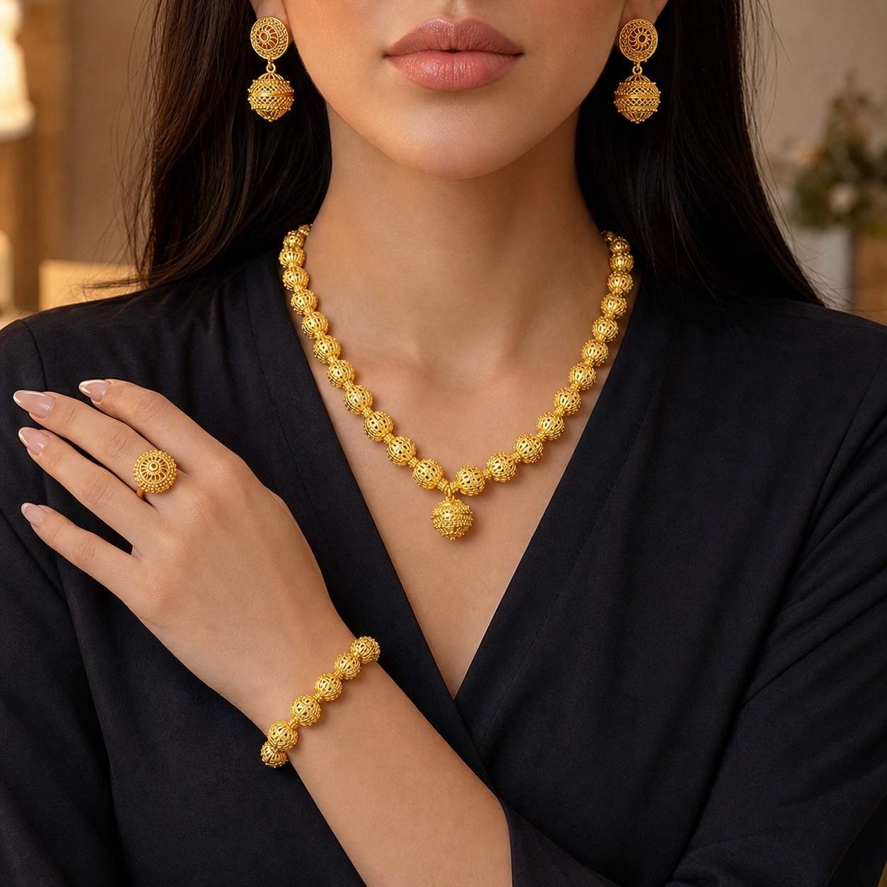 Gold-Tone Openwork Bead Jewelry Set, 4 Pcs