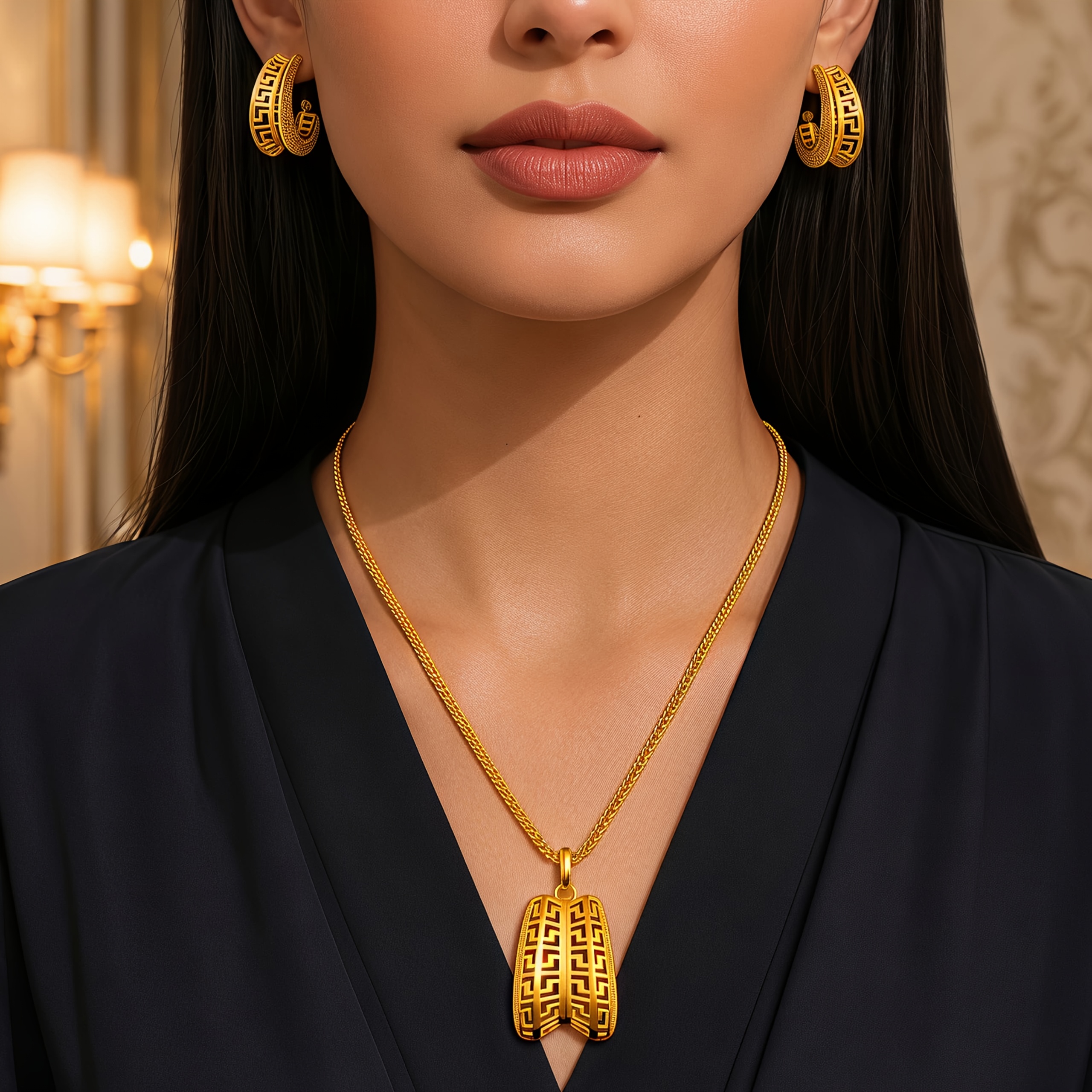 Gold-tone embossed double-petal necklace & earring set, front view