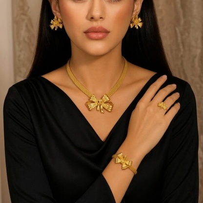 Gold-Tone Textured Bow Jewelry Set, 4 Pcs