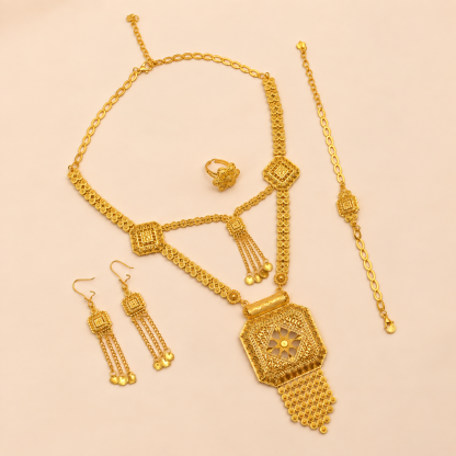 Gold-Tone Octagon Panel Fringe Jewelry Set, 4 Pcs