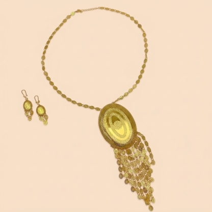 Gold-Tone Oval Medallion Fringe Necklace & Earring Set