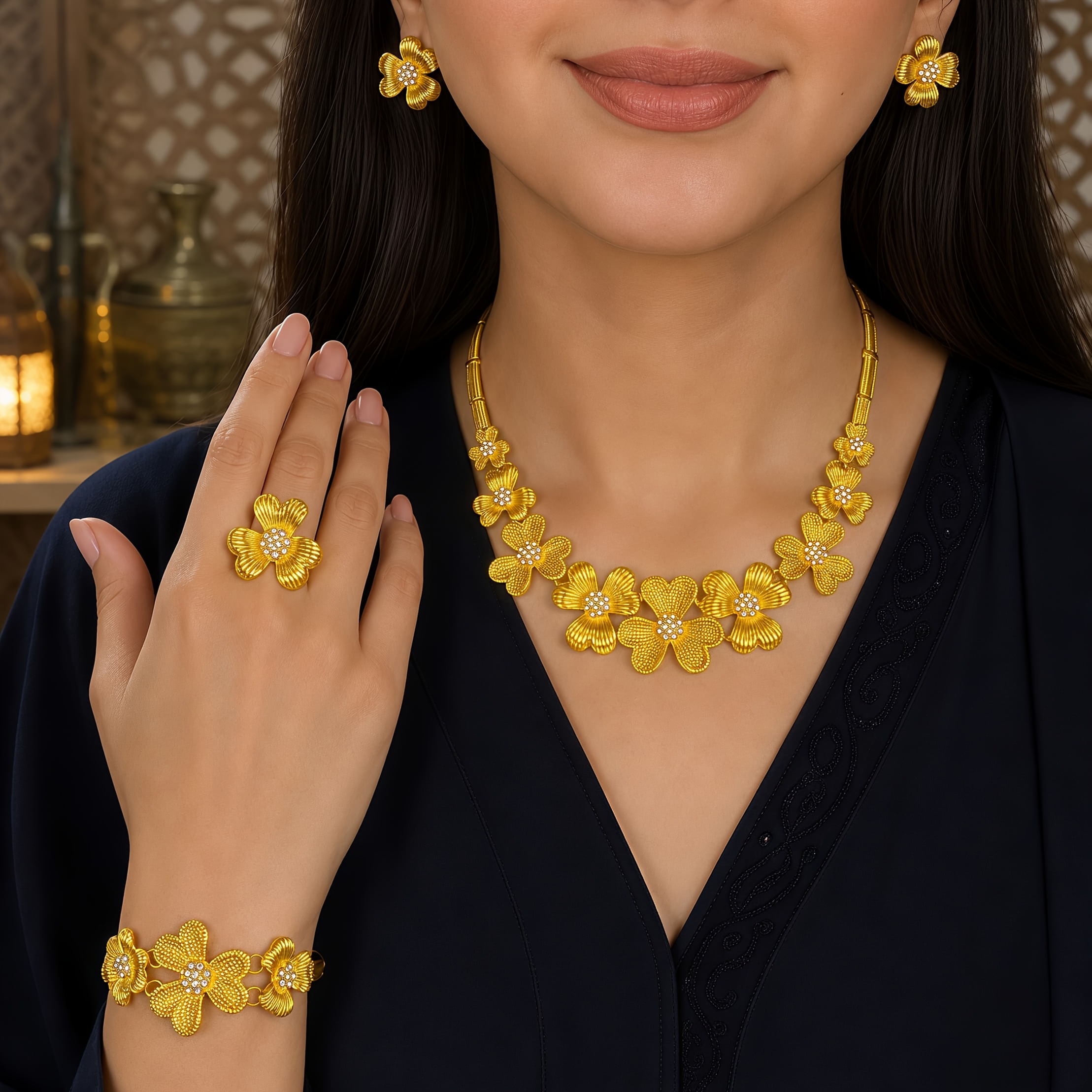 Gold-tone bold blossom jewelry set, front view