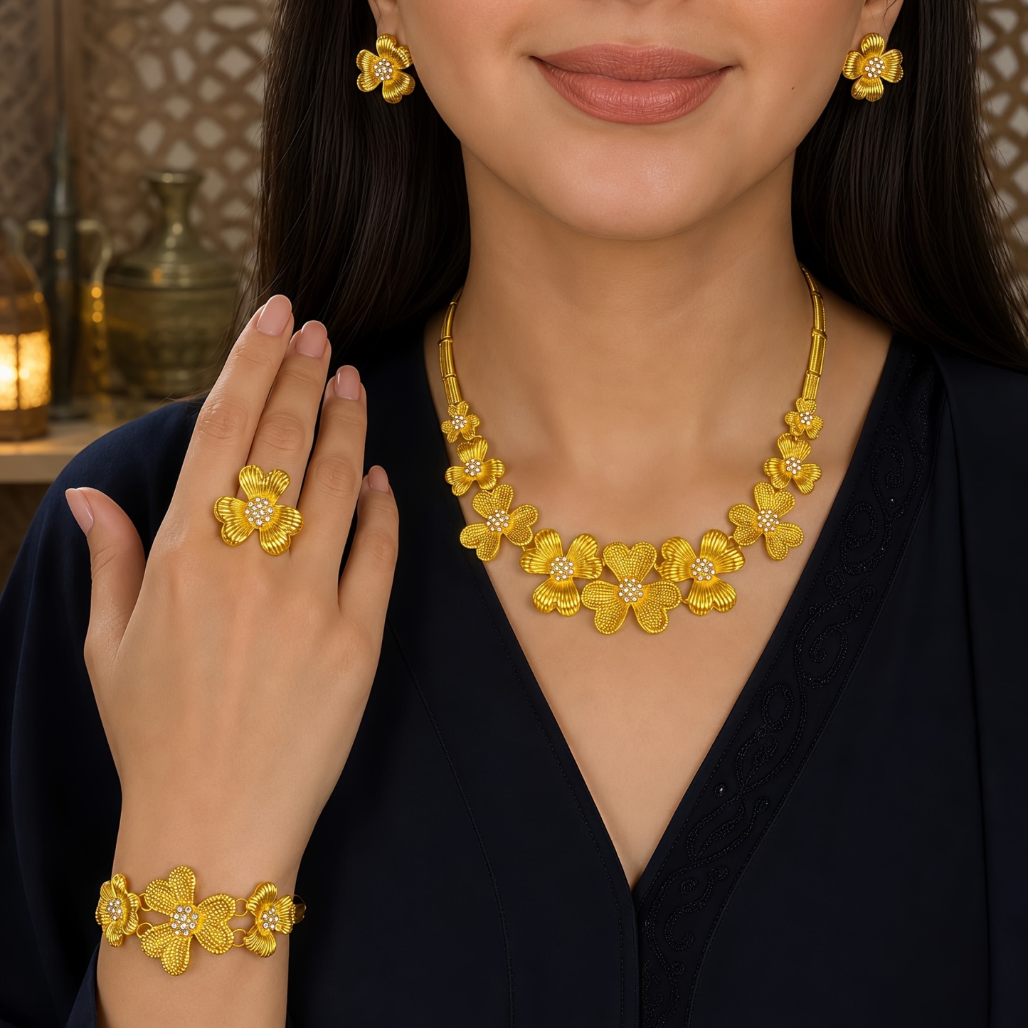 Gold-tone bold blossom jewelry set, front view