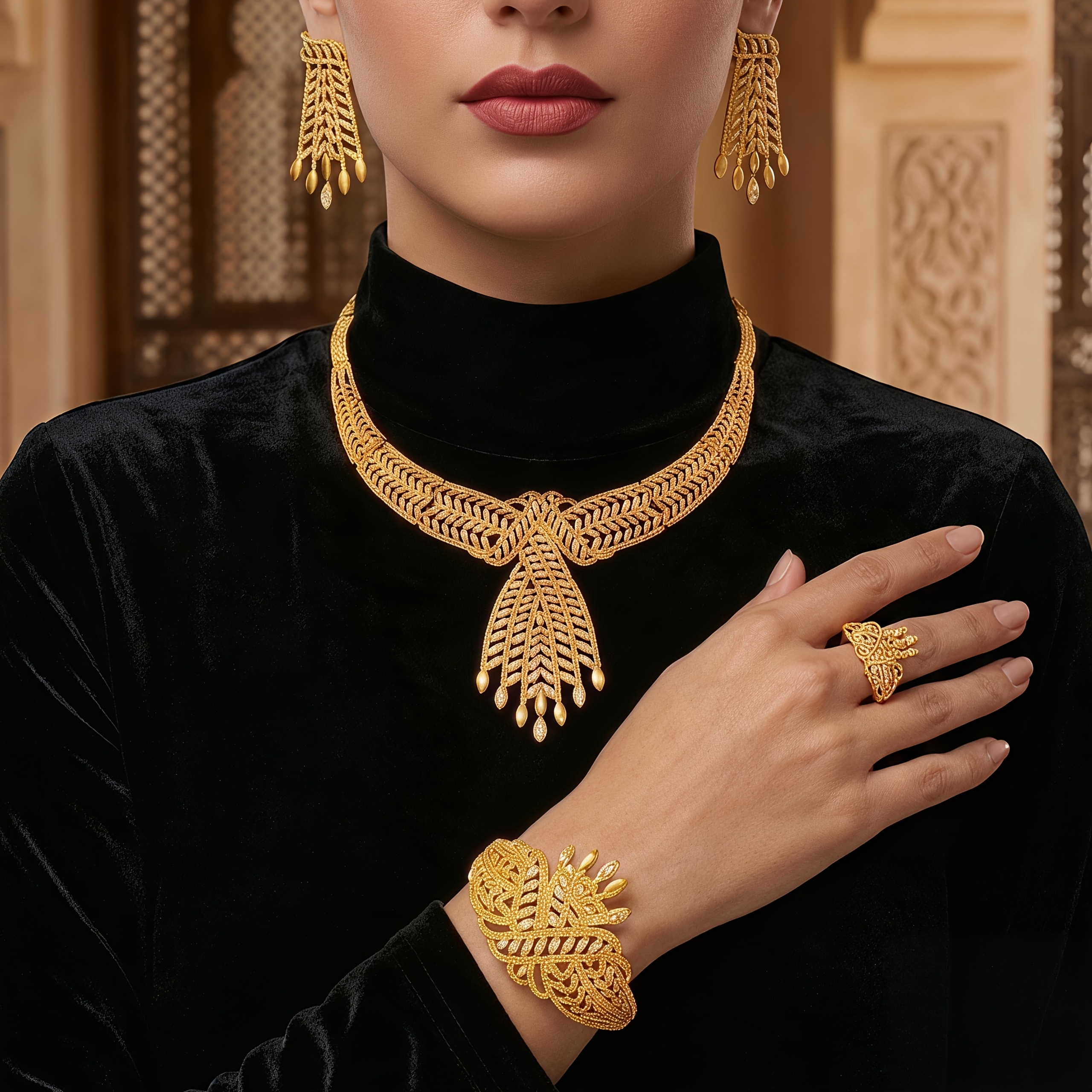 Gold-tone wheat sheaf tassel jewelry set, front view