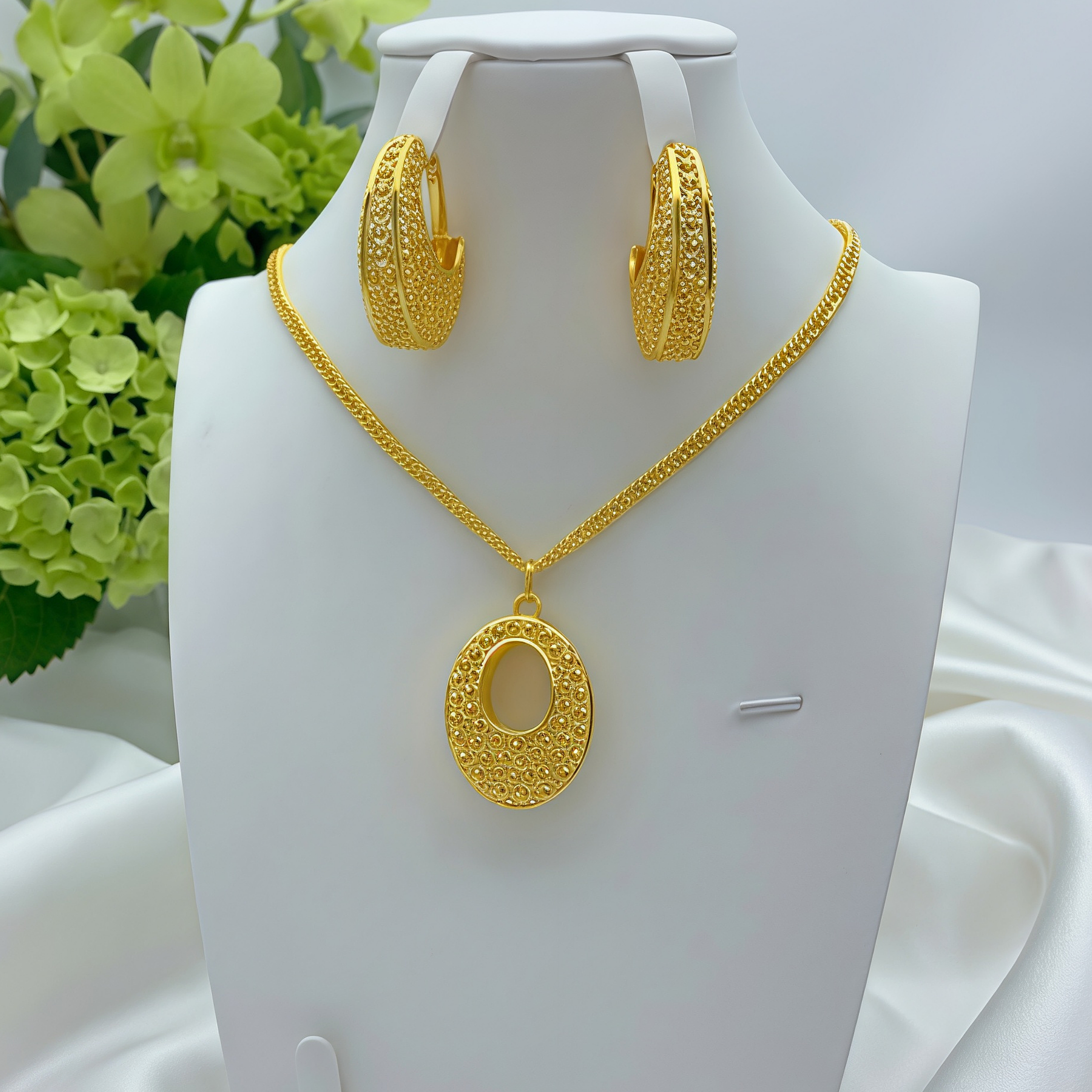 Gold-Tone Beaded Oval Halo Necklace & Earring Set