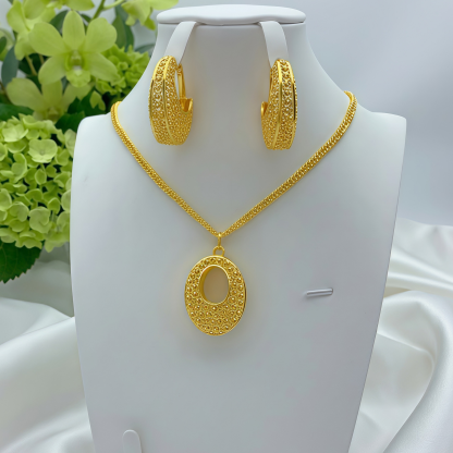 Gold-Tone Beaded Oval Halo Necklace & Earring Set