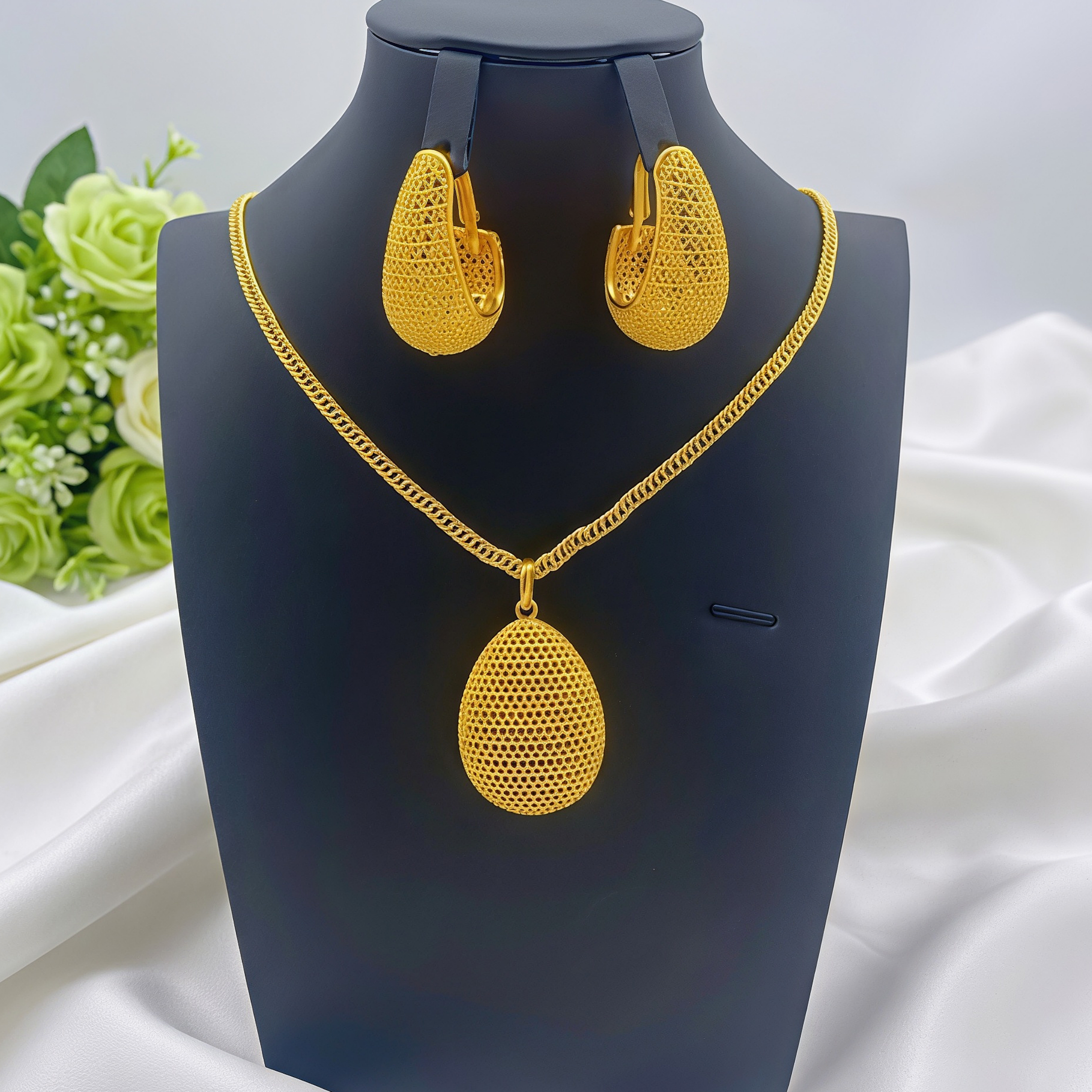 Gold-Tone Lattice Dome Drop Necklace & Earring Set